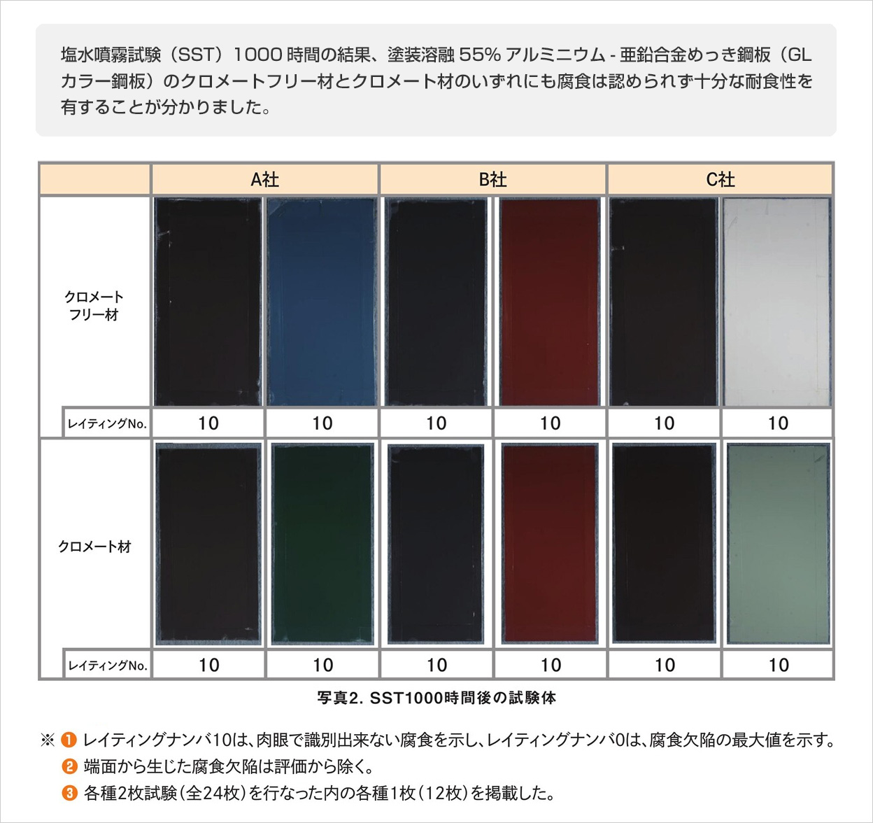 ＳＳＴ1000時間後の試験体の写真とレイティングナンバ評価